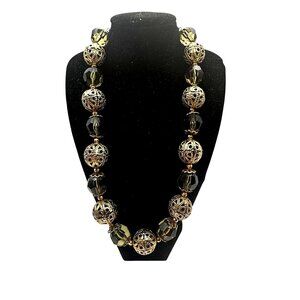 Vintage Gold Filigree & Smoky Glass Bead Statement Necklace Large Bead Boho
